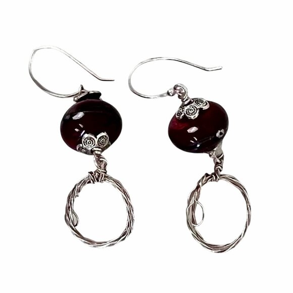 Handcrafted Purple Glass & Silver Wire Dangle Earrings Lightweight Jewelry - Picture 1 of 4